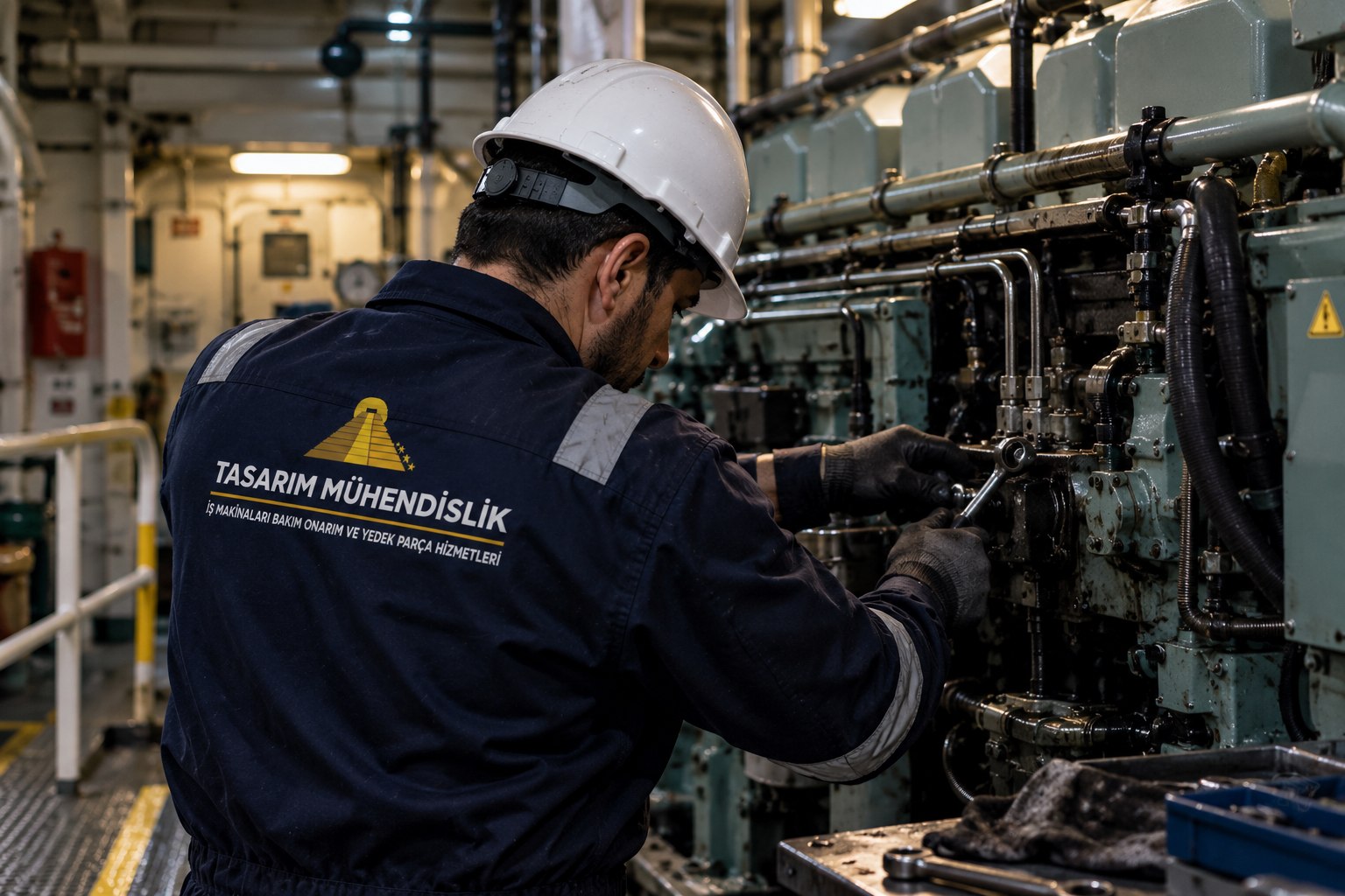 Tasarım Mühendislik teknik ekibi gemi makine dairesinde bakım yaparken